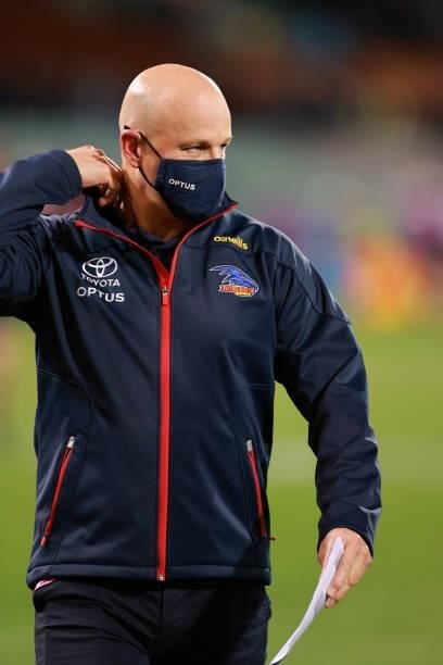 Matthew Nicks, head coach of the Crows looks on during the round 16 AFL match between Adelaide Crows and Brisbane Lions at Adelaide Oval on July 03,...