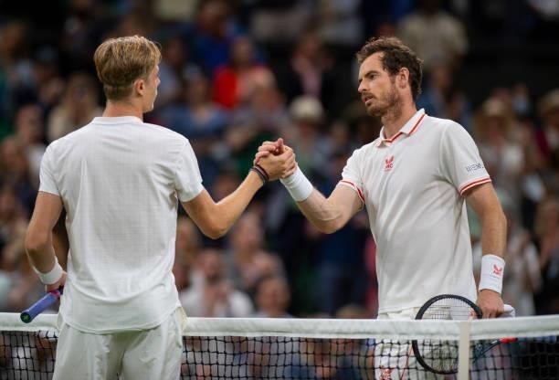 Andy Murray of Great Britain shakes hands with Denis Shapovalov of Canada after losing their men's singles third round match during Day Five of The...