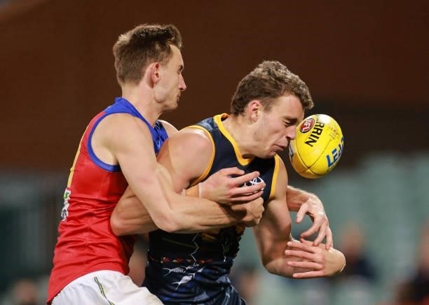 Riley Thilthorpe of the Crows competes for the ball during the round 16 AFL match between Adelaide Crows and Brisbane Lions at Adelaide Oval on July...