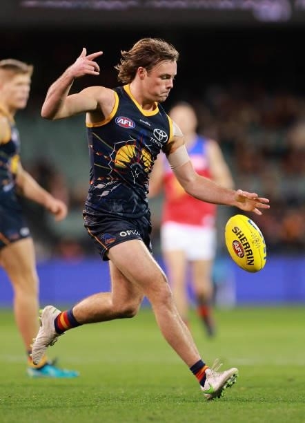 Luke Pedler of the Crows kicks the ball during the round 16 AFL match between Adelaide Crows and Brisbane Lions at Adelaide Oval on July 03, 2021 in...