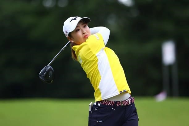Mao Saigo of Japan hits her tee shot on the 2nd hole during the first round of the Shiseido Ladies Open at Totsuka Country Club on July 3, 2021 in...