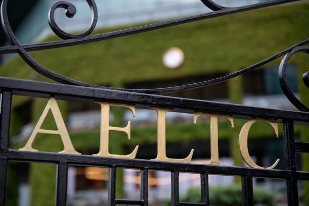 Detail view of AELTC wording on one of the main gates during Day Six of The Championships - Wimbledon 2021 at All England Lawn Tennis and Croquet...