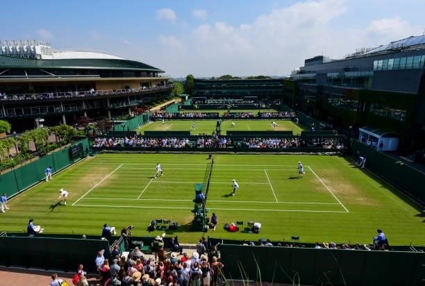 General view over courts 14 16 and 17 during Day Five of The Championships - Wimbledon 2021 at All England Lawn Tennis and Croquet Club on July 02,...