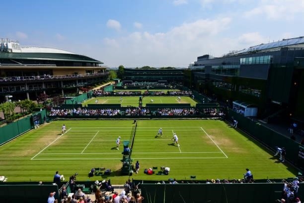 General view over courts 14 16 and 17 during Day Five of The Championships - Wimbledon 2021 at All England Lawn Tennis and Croquet Club on July 02,...