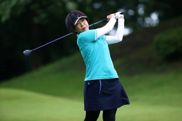 Shiho Oyama of Japan hits her tee shot on the 2nd hole during the first round of the Shiseido Ladies Open at Totsuka Country Club on July 3, 2021 in...