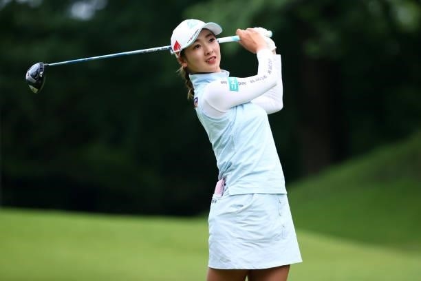 Rei Matsuda of Japan hits her tee shot on the 2nd hole during the first round of the Shiseido Ladies Open at Totsuka Country Club on July 3, 2021 in...
