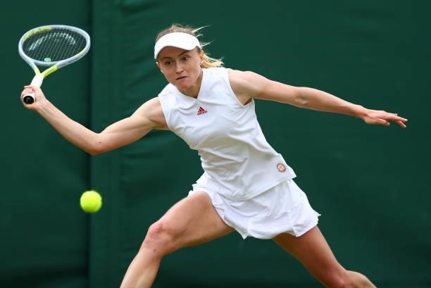 Aliaksandra Sasnovich of Belarus plays a forehand during her Ladies' Singles third Round match against Angelique Kerber of Germany during Day Six of...