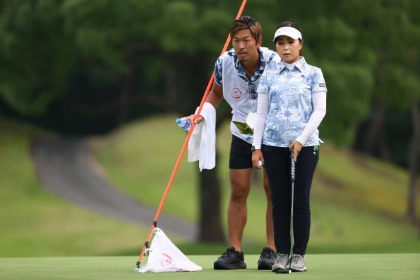 Serena Aoki of Japan lines up a putt on the 18th green during the first round of the Shiseido Ladies Open at Totsuka Country Club on July 3, 2021 in...