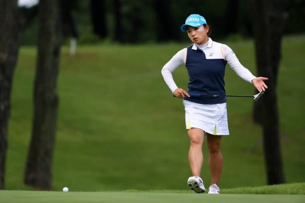 Chie Arimura of Japan lines up a putt on the 18th green during the first round of the Shiseido Ladies Open at Totsuka Country Club on July 3, 2021 in...