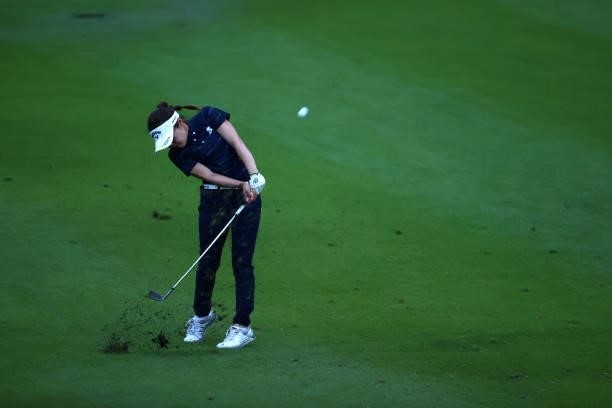 Mayu Hirota of Japan hits her second shot on the 9th hole during the first round of the Shiseido Ladies Open at Totsuka Country Club on July 3, 2021...
