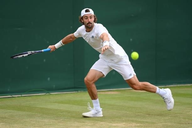 Jordan Thompson of Australia plays a forehand during his men's singles third round match against Ilya Ivashka of Belarus during Day Six of The...