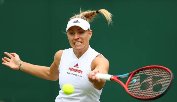 Angelique Kerber of Germany plays a forehand during her Ladies' Singles third Round match against Aliaksandra Sasnovich of Belarus during Day Six of...