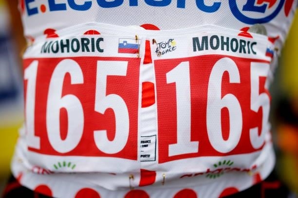 Matej Mohorič of Slovenia and Team Bahrain - Victoriou Polka Dot Mountain Jersey at start during the 108th Tour de France 2021, Stage 8 a 150,8km...