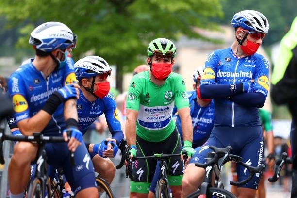 Mark Cavendish of The United Kingdom Green Points Jersey & Michael Mørkøv of Denmark and Team Deceuninck - Quick-Step at start during the 108th Tour...