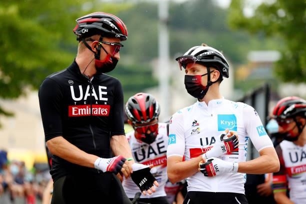 Mikkel Bjerg of Denmark & Tadej Pogačar of Slovenia and UAE-Team Emirates White Best Young Rider Jersey during the 108th Tour de France 2021, Stage 8...