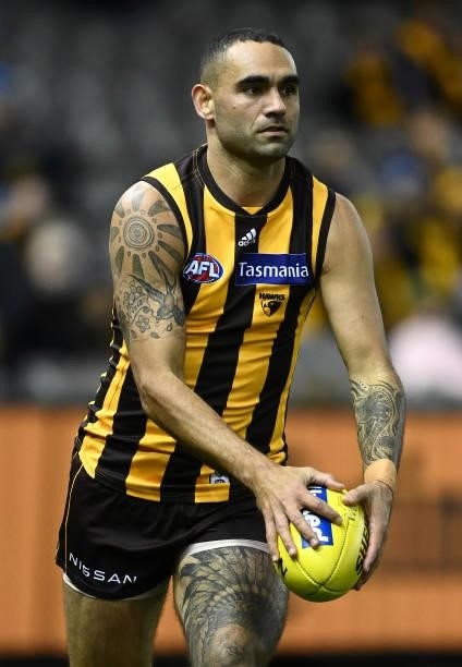 Shaun Burgoyne of the Hawks kicks during the round 16 AFL match between Hawthorn Hawks and Port Adelaide Power at Marvel Stadium on July 03, 2021 in...