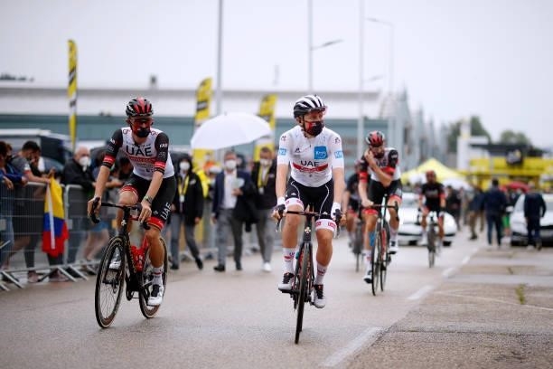 Tadej Pogačar of Slovenia and UAE-Team Emirates White Best Young Rider Jersey at start during the 108th Tour de France 2021, Stage 8 a 150,8km stage...