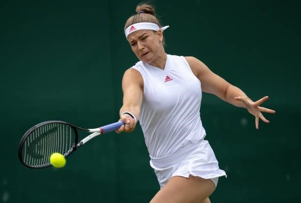 Karolina Muchova of The Czech Republic plays a forehand during her Ladies' Singles third Round match against Anastasia Pavlyuchenkova of Russia...