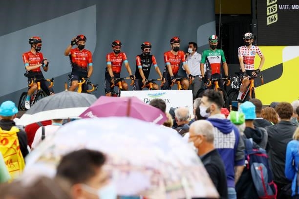 Pello Bilbao of Spain, Sonny Colbrelli of Italy, Dylan Teuns of Belgium, Wout Poels of The Netherlands, Matej Mohorič of Slovenia Polka Dot Mountain...