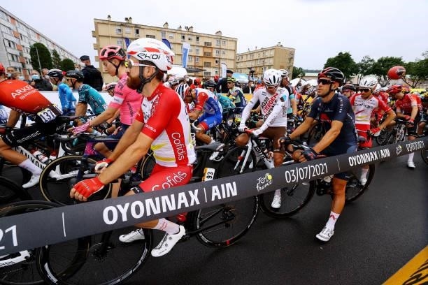 Simon Geschke of Germany and Team Cofidis, Nans Peters of France and AG2R Citroën Team & Richie Porte of Australia and Team INEOS Grenadiers & The...