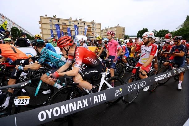 Connor Swift of The United Kingdom and Team Arkéa Samsic, Simon Geschke of Germany and Team Cofidis & The Peloton at start during the 108th Tour de...