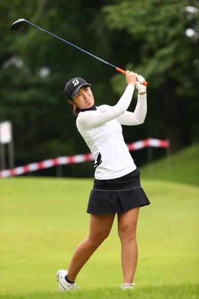Ayaka Watanabe of Japan hits her tee shot on the 2nd hole during the first round of the Shiseido Ladies Open at Totsuka Country Club on July 3, 2021...