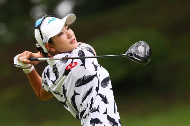 Erika Hara of Japan hits her tee shot on the 2nd hole during the first round of the Shiseido Ladies Open at Totsuka Country Club on July 3, 2021 in...