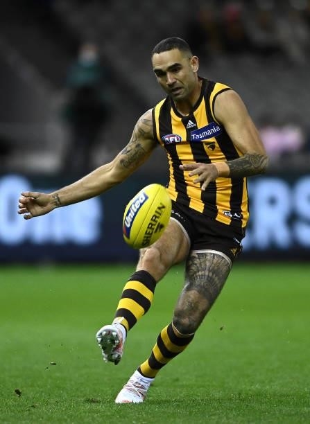 Shaun Burgoyne of the Hawks kicks during the round 16 AFL match between Hawthorn Hawks and Port Adelaide Power at Marvel Stadium on July 03, 2021 in...