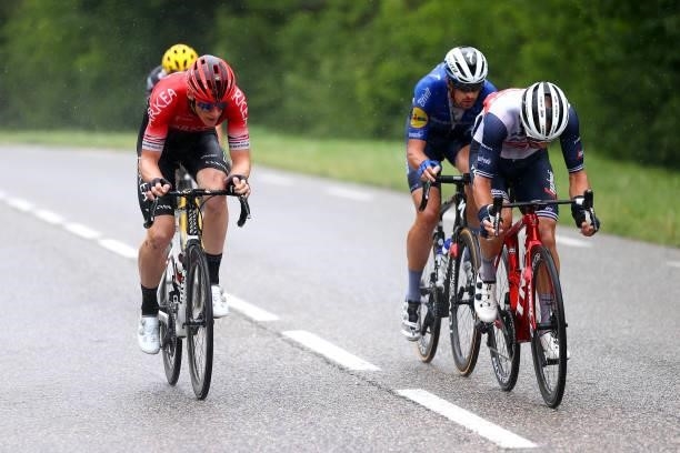Connor Swift of The United Kingdom and Team Arkéa Samsic, Mattia Cattaneo of Italy and Team Deceuninck - Quick-Step & Julien Bernard of France and...