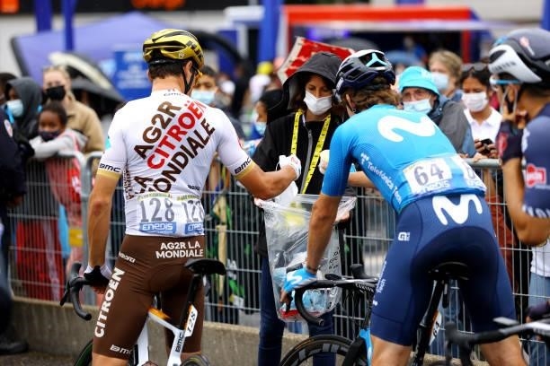 Greg Van Avermaet of Belgium and AG2R Citroën Team & Iván García Cortina of Spain and Movistar Team during the 108th Tour de France 2021, Stage 8 a...