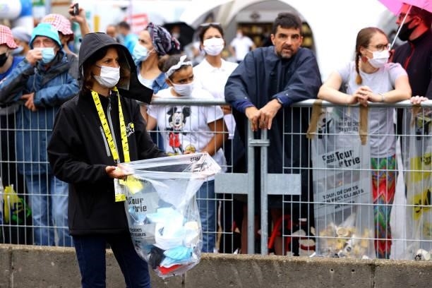 Mask Bin at start during the 108th Tour de France 2021, Stage 8 a 150,8km stage from Oyonnax to Le Grand-Bornand / Covid Safety Measures / @LeTour /...