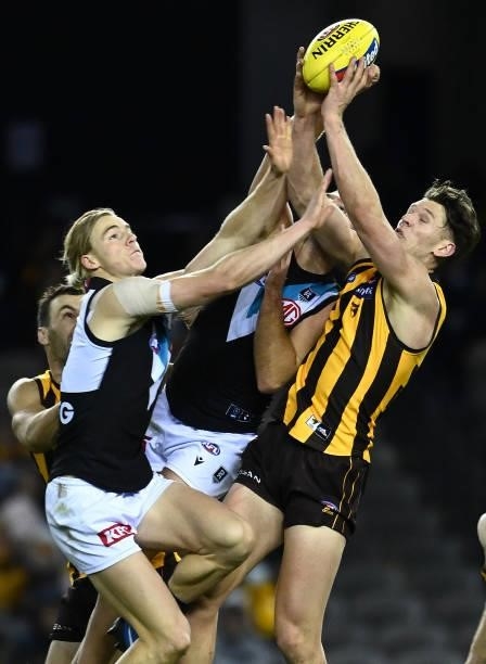 Jacob Koschitzke of the Hawks marks during the round 16 AFL match between Hawthorn Hawks and Port Adelaide Power at Marvel Stadium on July 03, 2021...