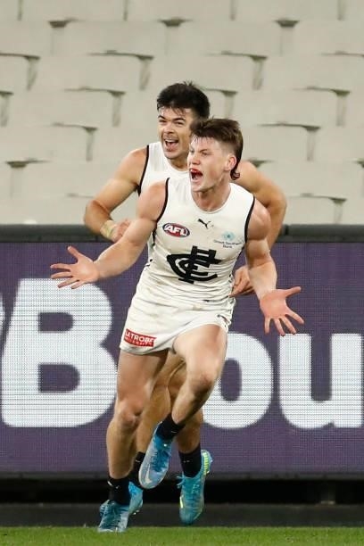 Sam Walsh of the Blues celebrates a goal during the round 16 AFL match between Fremantle Dockers and Carlton Blues at the Melbourne Cricket Ground on...