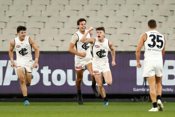 Sam Walsh of the Blues celebrates a goal during the round 16 AFL match between Fremantle Dockers and Carlton Blues at the Melbourne Cricket Ground on...