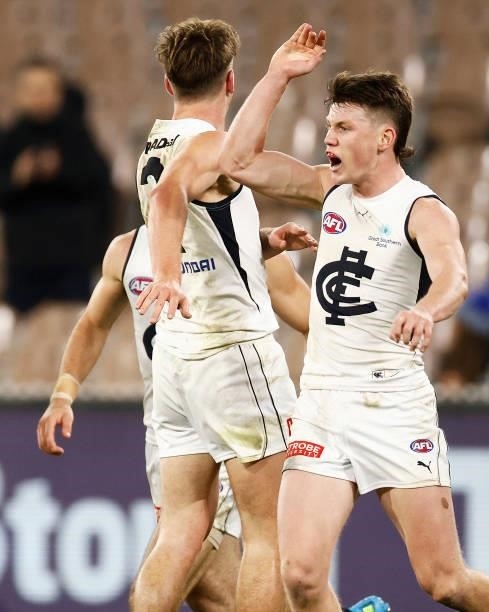 Sam Walsh of the Blues celebrates a goal during the round 16 AFL match between Fremantle Dockers and Carlton Blues at Melbourne Cricket Ground on...