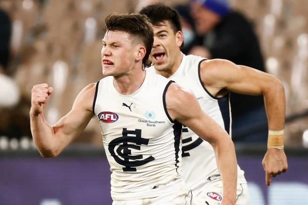Sam Walsh of the Blues celebrates a goal during the round 16 AFL match between Fremantle Dockers and Carlton Blues at Melbourne Cricket Ground on...