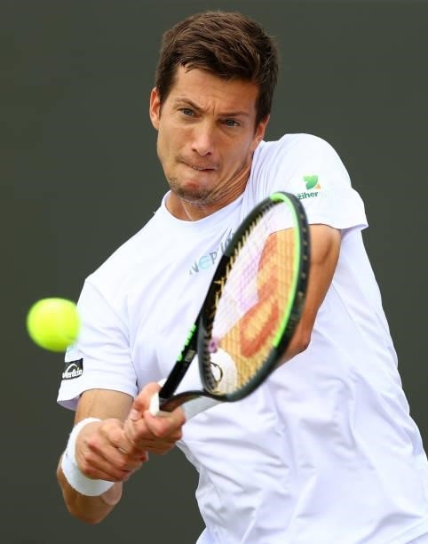 Aljaz Bedene of Slovenia plays a back hand during his men's singles third round match against Matteo Berrettini of Italy during Day Six of The...