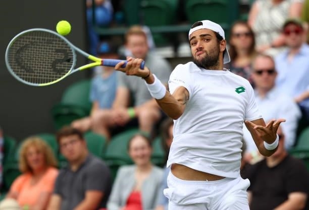 Matteo Berrettini of Italy plays a forehand during his men's singles third round match against Aljaz Bedene of Slovenia during Day Six of The...