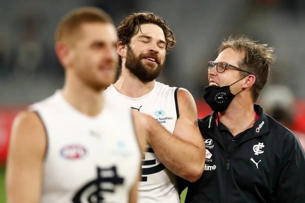 David Teague, senior coach of Carlton enjoys the win with his players after the round 16 AFL match between Fremantle Dockers and Carlton Blues at the...