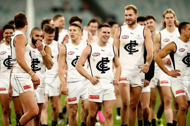 Carlton players enjoy their win after the round 16 AFL match between Fremantle Dockers and Carlton Blues at the Melbourne Cricket Ground on July 03,...