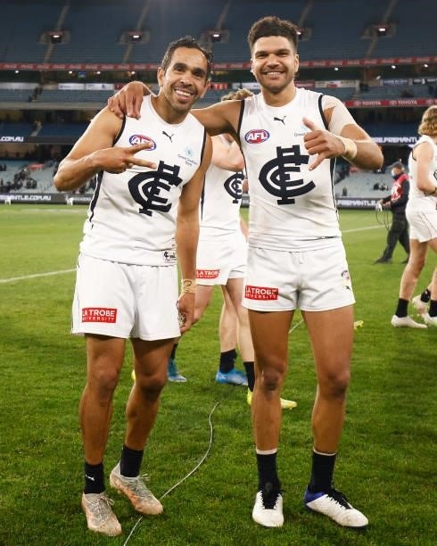 Eddie Betts and Sam Petrevski-Seton of the Blues pose for a photograph after winning the round 16 AFL match between Fremantle Dockers and Carlton...