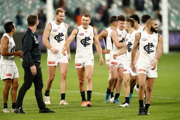 Carlton players enjoy their win after the round 16 AFL match between Fremantle Dockers and Carlton Blues at the Melbourne Cricket Ground on July 03,...