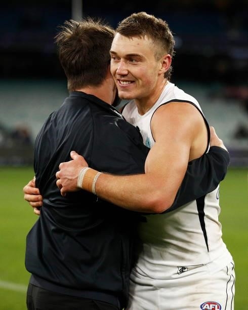 Blues head coach David Teague hugs Patrick Cripps of the Blues after winning the round 16 AFL match between Fremantle Dockers and Carlton Blues at...