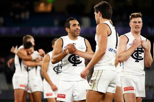 Eddie Betts of the Blues celebrates with Jack Silvagni of the Blues after winning the round 16 AFL match between Fremantle Dockers and Carlton Blues...
