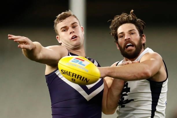 Sean Darcy of the Dockers and Levi Casboult of the Blues compete during the round 16 AFL match between Fremantle Dockers and Carlton Blues at the...
