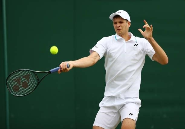 Hubert Hurkacz of Poland plays a forehand during his men's singles third round match against Alexander Bublik of Kazakhstan during Day Six of The...