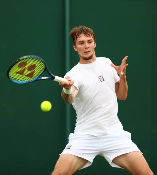 Alexander Bublik of Kazakhstan plays a forehand during his men's singles third round match against Hubert Hurkacz of Poland during Day Six of The...