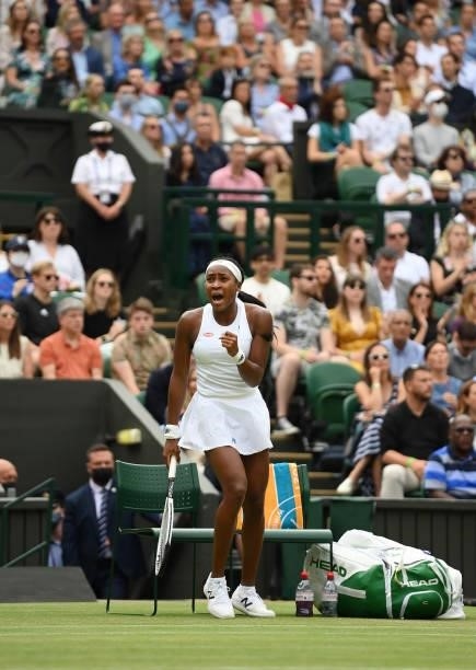 Coco Gauff of The United States celebrates a point during her Ladies' Singles third Round match against Kaja Juvan of Slovenia during Day Six of The...