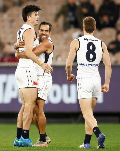Eddie Betts of the Blues celebrates a goal during the round 16 AFL match between Fremantle Dockers and Carlton Blues at Melbourne Cricket Ground on...