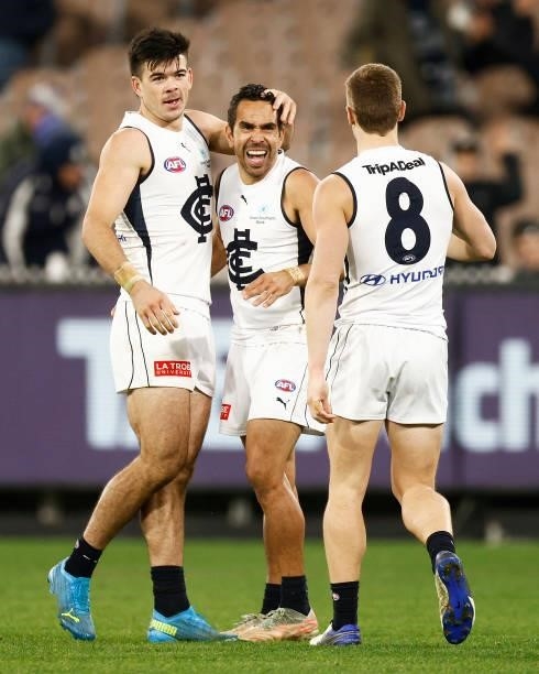 Eddie Betts of the Blues celebrates a goal during the round 16 AFL match between Fremantle Dockers and Carlton Blues at Melbourne Cricket Ground on...